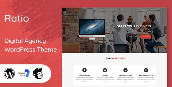 Ratio - Material Design WordPress Theme WordPress theme homepage layout for a agency technology website