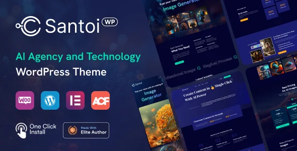 Santoi - AI Agency and Technology WordPress Theme WordPress theme homepage layout for a ai technology website