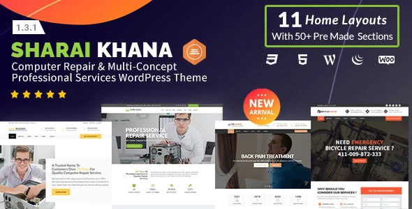 Sharai Khana - Computer Repair & Multi-Concept Professional Services WordPress Theme WordPress theme homepage layout for a bicycle repair technology website
