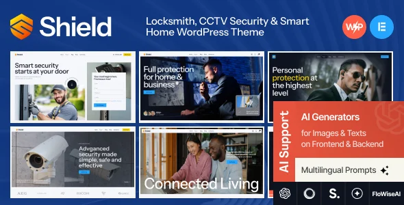 Shield - CCTV Security, Locksmith & Smart Home WordPress Theme WordPress theme homepage layout for a blockchain security technology website