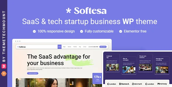 Softesa - Saas Software Startup Business Elementor WordPress Theme WordPress theme homepage layout for a app landing technology website