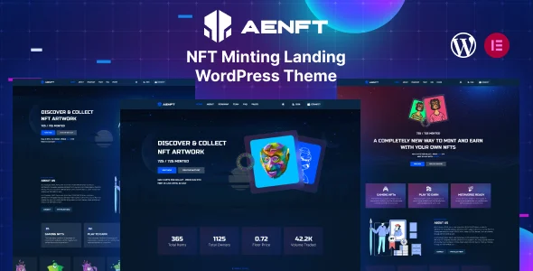 Aenft - NFT Minting Collection WordPress Theme WordPress theme homepage layout for a bitcoin software website