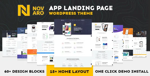 App Landing Page WordPress Responsive Theme for Software & Technology Development Company - Novaro WordPress theme homepage layout for a app landing software website