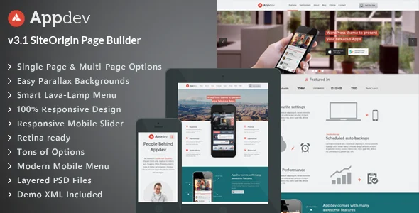 Appdev - Mobile App Showcase WordPress Theme WordPress theme homepage layout for a android app software website