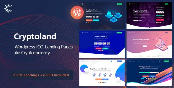 Crypto-land - Marketing Landing Page WordPress Theme WordPress theme homepage layout for a bitcoin software website