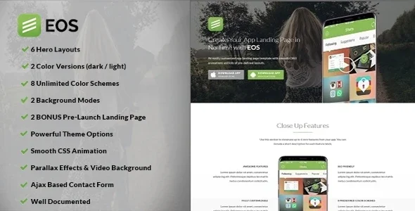 EOS - A Responsive App Landing Theme WordPress theme homepage layout for a animation software website