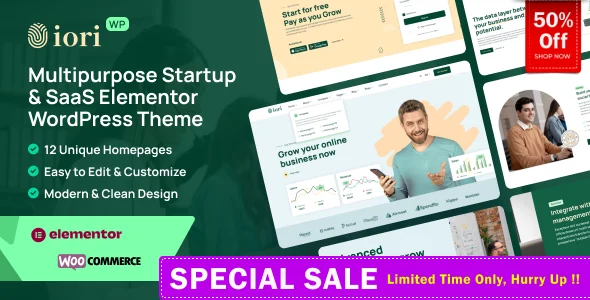 iori - Multipurpose Startup & SaaS Software Technology Elementor WordPress Theme WordPress theme homepage layout for a agency software website