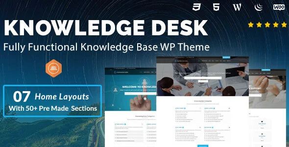 Knowledgedesk - Knowledge Base WordPress Theme WordPress theme homepage layout for a knowledge base software website