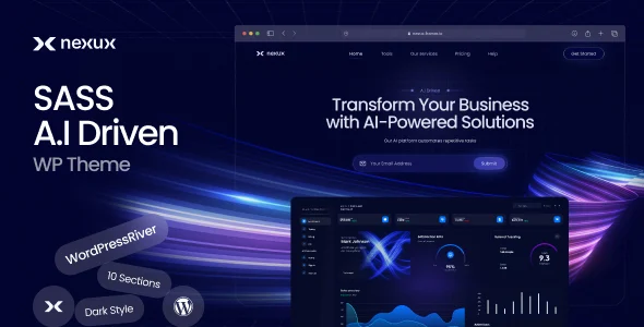 Nexux - AI Saas Landing Page WordPress Theme WordPress theme homepage layout for a agency software website