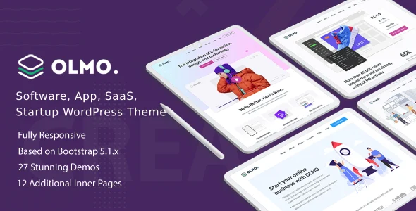 OLMO - Software & SaaS Landing WordPress Theme (Using Elementor Builder) WordPress theme homepage layout for a agency software website