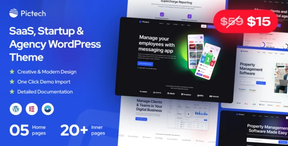 Pictech - Saas & Startup WordPress Theme WordPress theme homepage layout for a agency software website