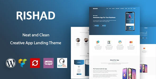 Rishad - App Landing WordPress Theme WordPress theme homepage layout for a app landing software website