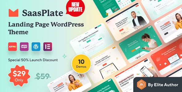 SaasPlate -  Creative SaaS and App Landing WordPress Theme WordPress theme homepage layout for a app landing page software website