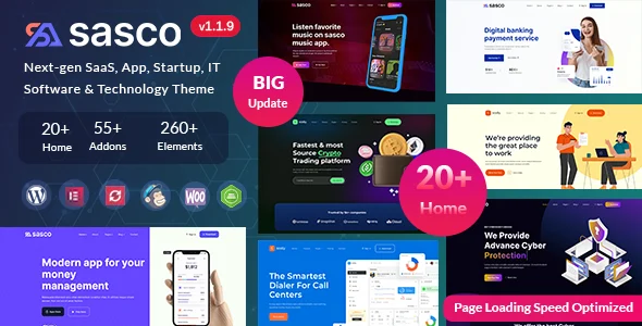 Sasco - SaaS WordPress Theme for Startups & Technology WordPress theme homepage layout for a ai business software website