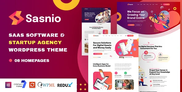 Sasnio - SaaS & Software Startup Agency WordPress Theme WordPress theme homepage layout for a agency software website