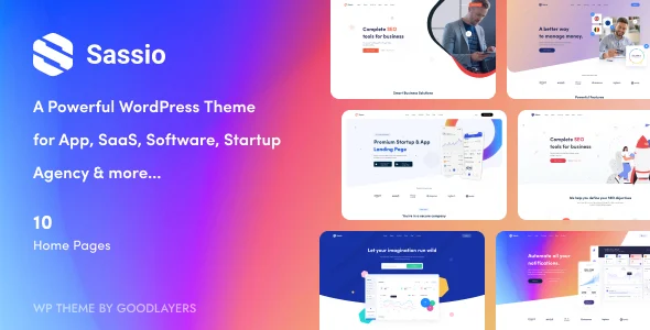Sassio - SaaS Software & App WordPress Theme WordPress theme homepage layout for a agency software website