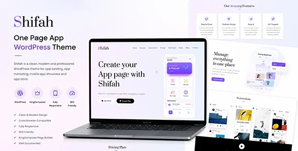 Shifah - App Landing Page WordPress Theme WordPress theme homepage layout for a app software website