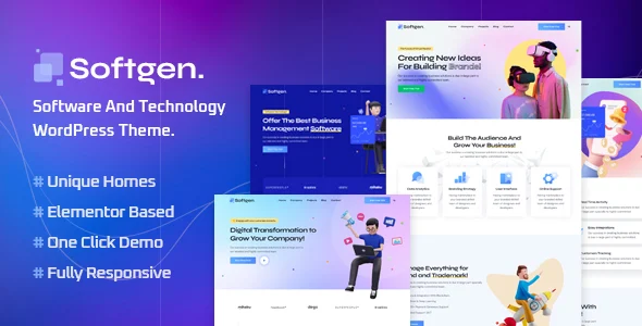 Softgen - Software & Technology WordPress Theme WordPress theme homepage layout for a agency software website