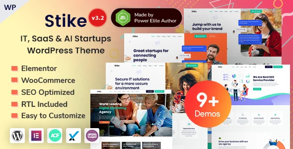 Stike - Technology, IT Startup, SEO & Digital Marketing WordPress Theme WordPress theme homepage layout for a ai startup software website