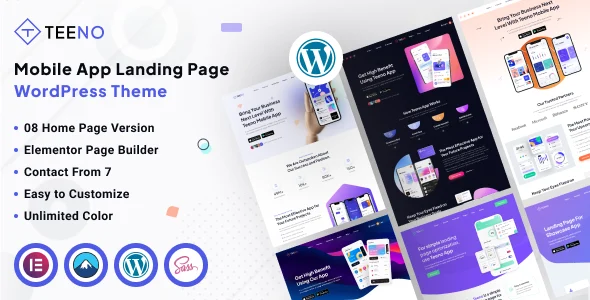 Teeno - App Landing WordPress Theme WordPress theme homepage layout for a app software website
