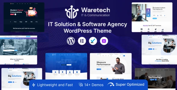Waretech - IT Solutions & Technology WordPress Theme WordPress theme homepage layout for a clean software website