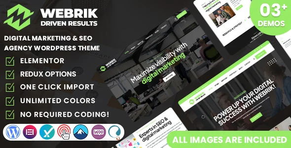 Webrik - Digital Marketing & SEO Agency WordPress Theme WordPress theme homepage layout for a agency website software website