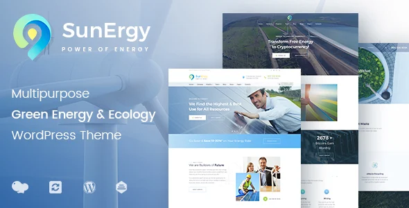 Sunergy - Wind & Solar Green Energy WordPress Theme WordPress theme homepage layout for a alternative energy technology website
