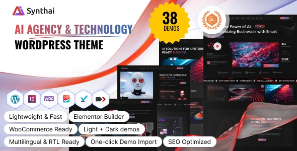 Synthai - AI Agency & Technology WordPress Theme WordPress theme homepage layout for a ai technology website