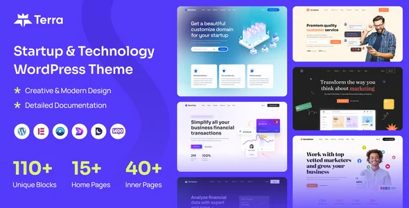 Terra - Startup & Technology WordPress Theme WordPress theme homepage layout for a agency technology website
