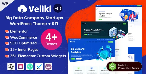 Veliki - AI, Big Data Analytics & Machine Learning Elementor WordPress Theme WordPress theme homepage layout for a agency technology website