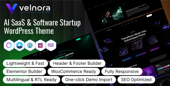 Velnora – AI SaaS & Software Startup WordPress Theme WordPress theme homepage layout for a ai technology website