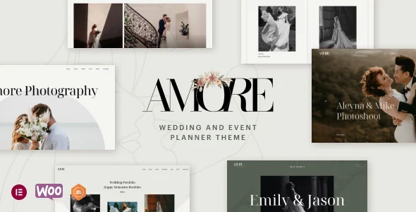 Amore - Elegant Wedding Photography WordPress Theme WordPress theme homepage layout for a bridal wedding website