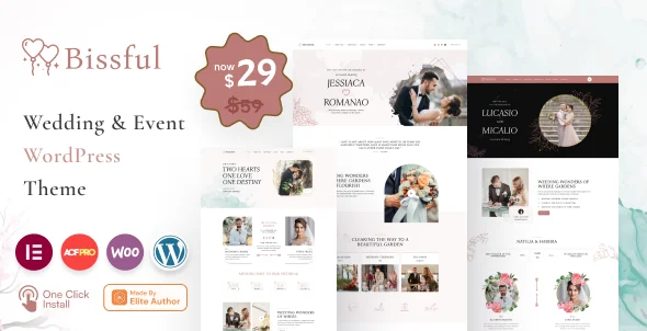 Bissful - Wedding & Event WordPress Theme WordPress theme homepage layout for a celebration wedding website
