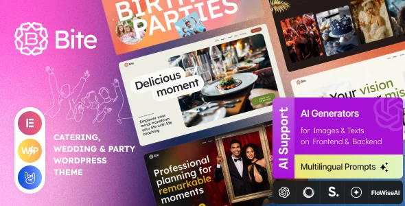 Bite — Catering, Wedding & Party WordPress Theme WordPress theme homepage layout for a agency wedding website