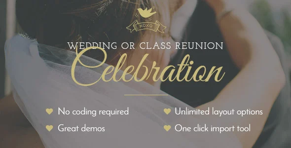 Celebration - Wedding & Class Reunion WordPress Theme WordPress theme homepage layout for a bride wedding website