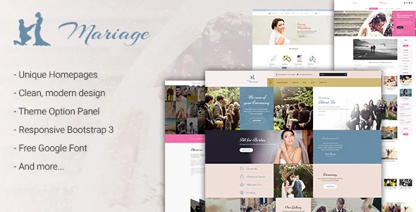 Mariage - Wedding WordPress Theme WordPress theme homepage layout for a bride wedding website