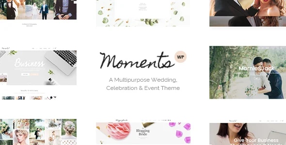 Moments - Wedding & Event WordPress Theme WordPress theme homepage layout for a celebration wedding website