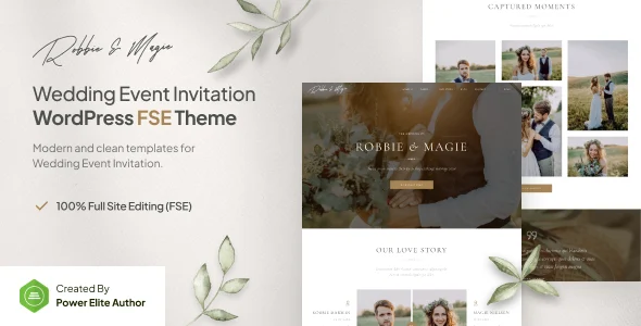 Robbie & Magie - Wedding Event Invitation Gutenverse FSE WordPress Block Theme WordPress theme homepage layout for a bride wedding website